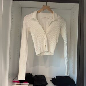 Ribbed Button-Front Polo Cardigan - White